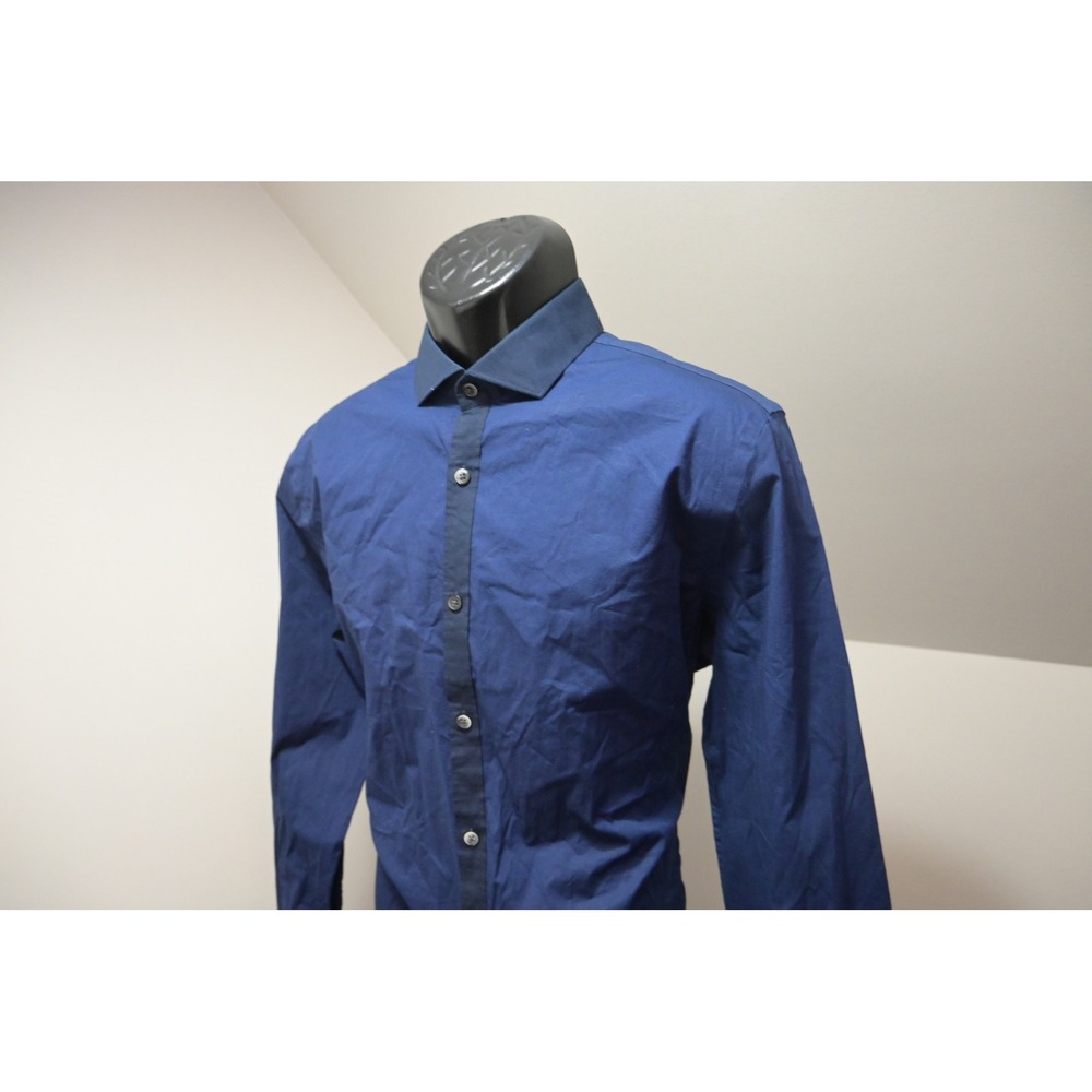 Express 1MX Button Up Dress Shirt Mens Large Blue Fitted Contrast Trim Excellent